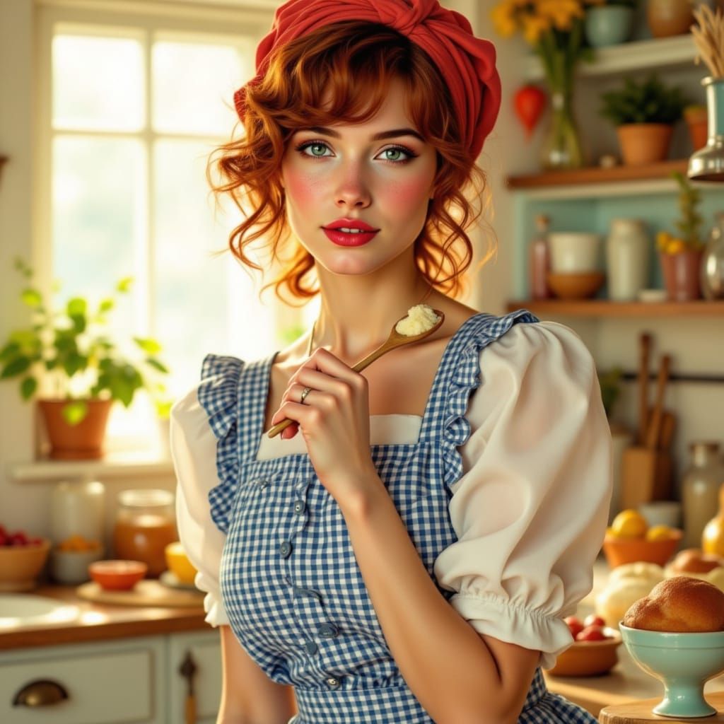 Girl-Next-Door in Cozy Kitchen with 1940s Charm