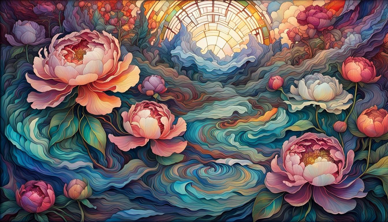 Goddess with Iridescent Peonies in Stained Glass Style