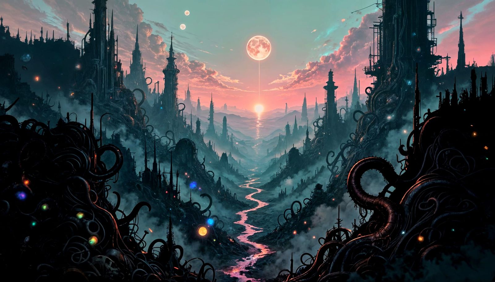 Eldritch Cityscape Under Cosmic Dread