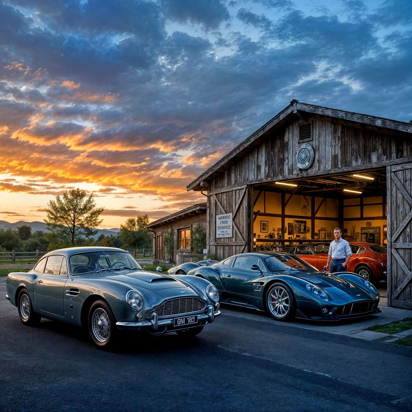 Classic Aston Martin Meets Modern Pagani at Sunset