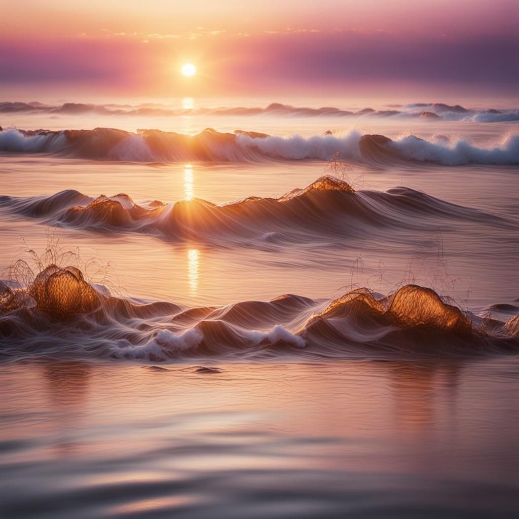 Golden Hour Beach: Waves and Sun Rays at Sunset