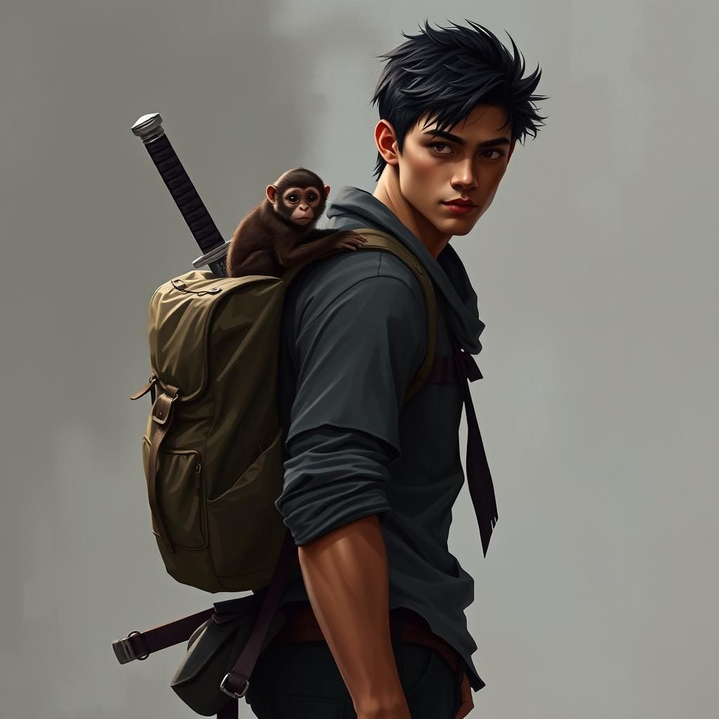 Young Warrior with Katana and Monkey Companion