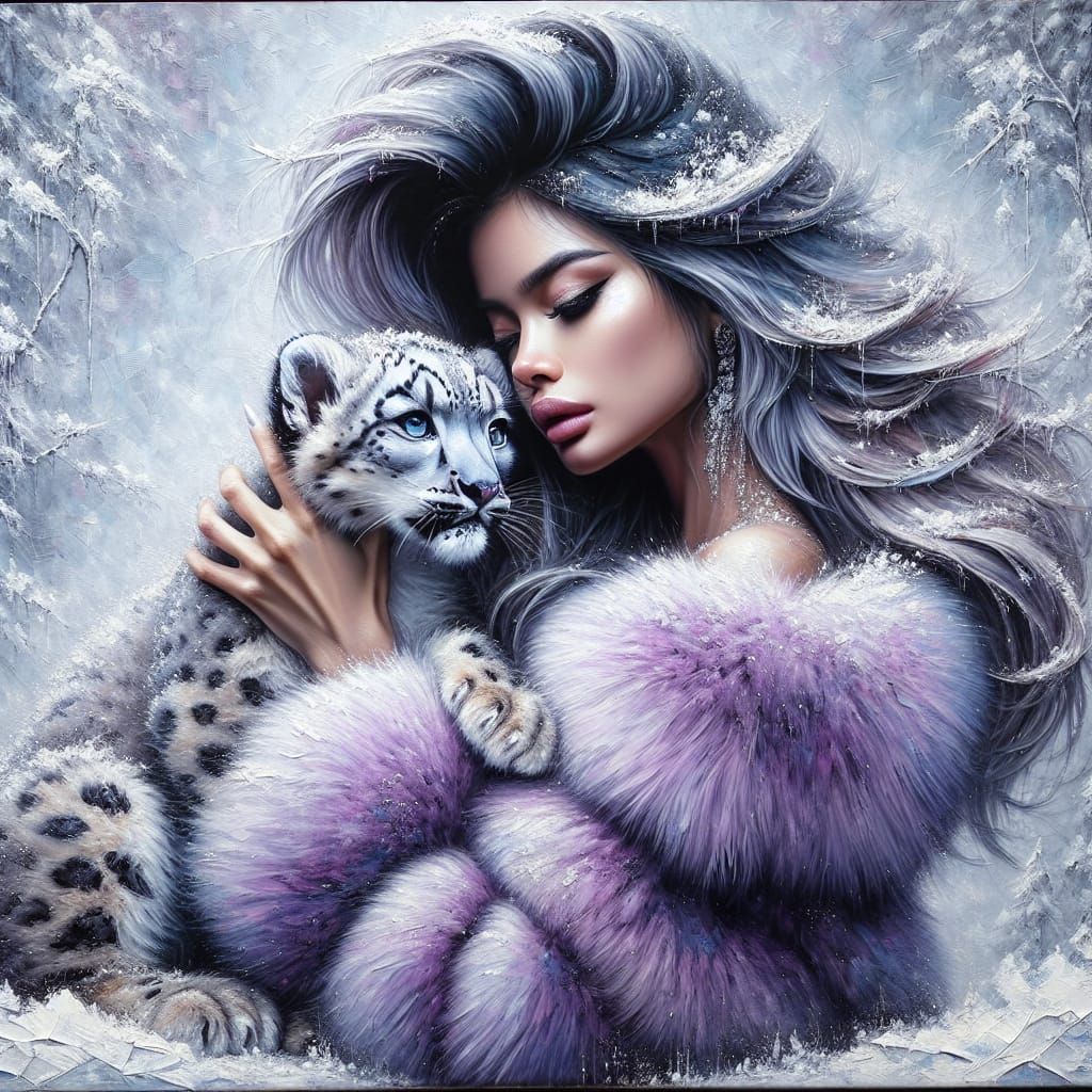 Woman with Snow Leopard Cub in Winter Wonderland
