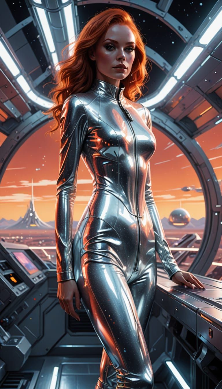 Red-Haired Woman on Space Station in Mead Style