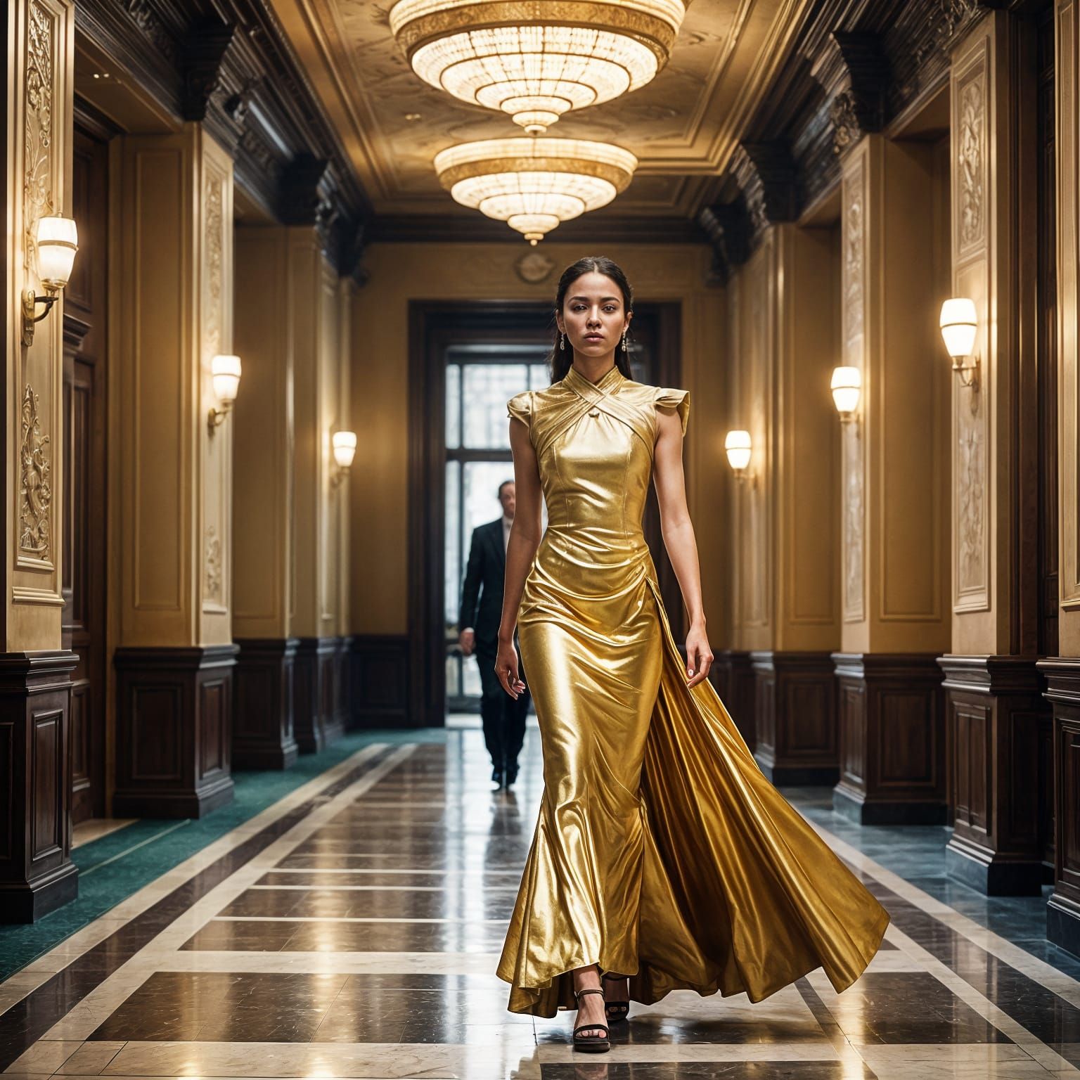Confident Ambassador in Gold Dress: Cinematic Film Still
