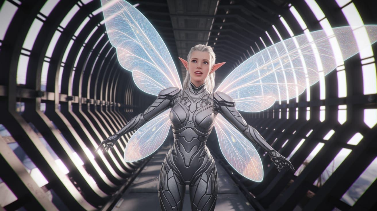 Cyborg Elf with Holographic Wings in Space Station