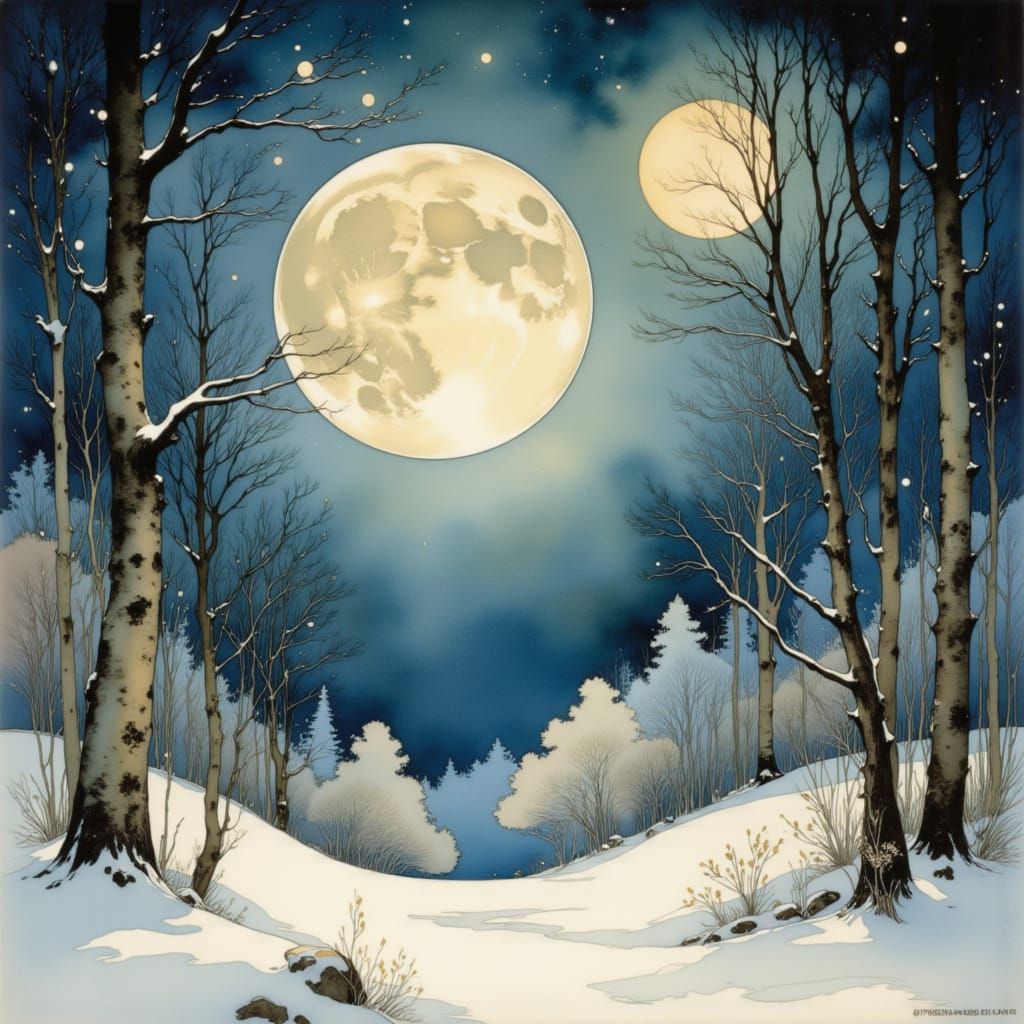 Enchanting Winter Wonderland With Full Moon