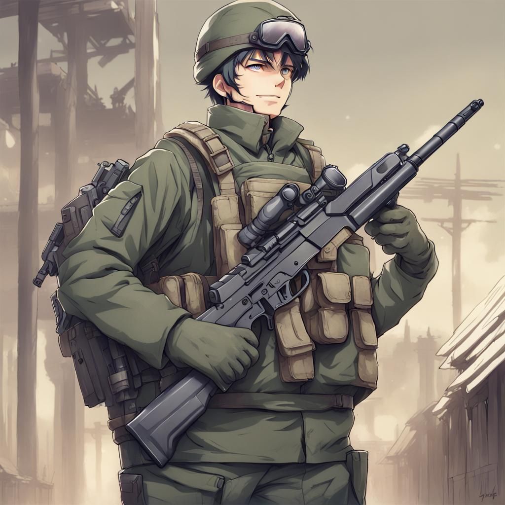 Middle-Aged Man with Rifle in Anime Style