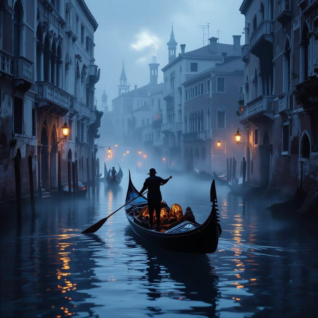 Ethereal Gondolier Navigates Misty Venetian Canal
