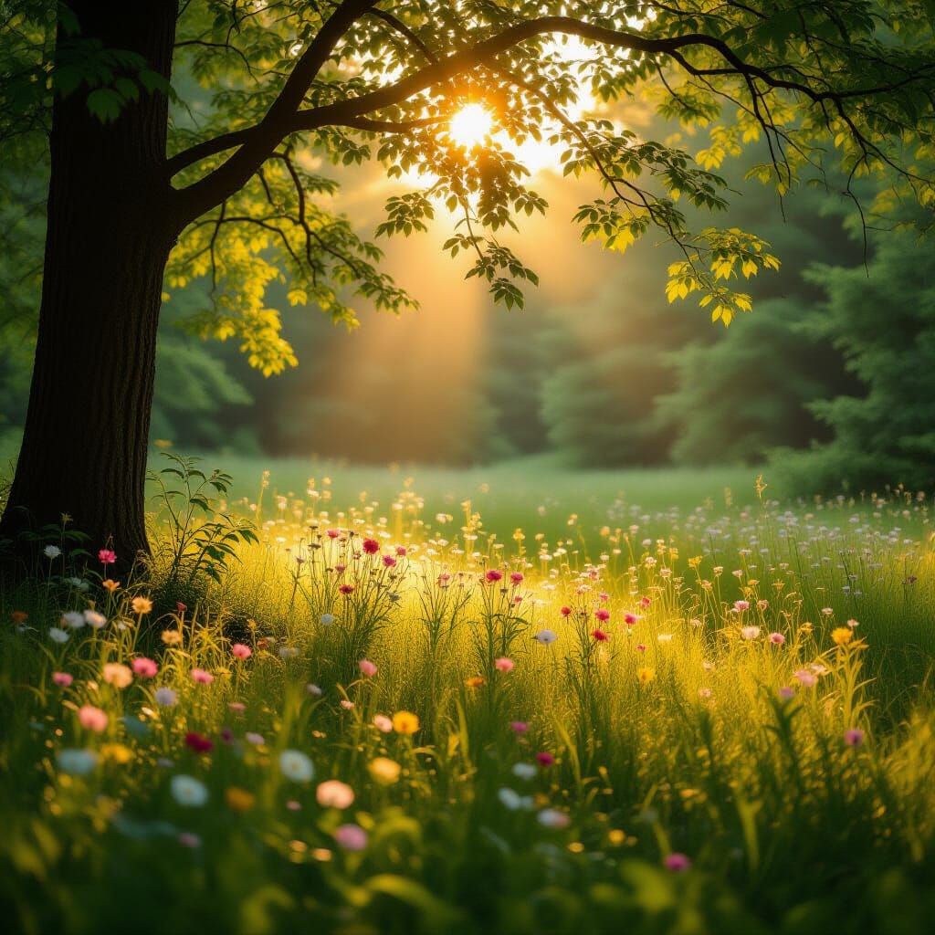 Sun-Drenched Meadow in Ancient Forest