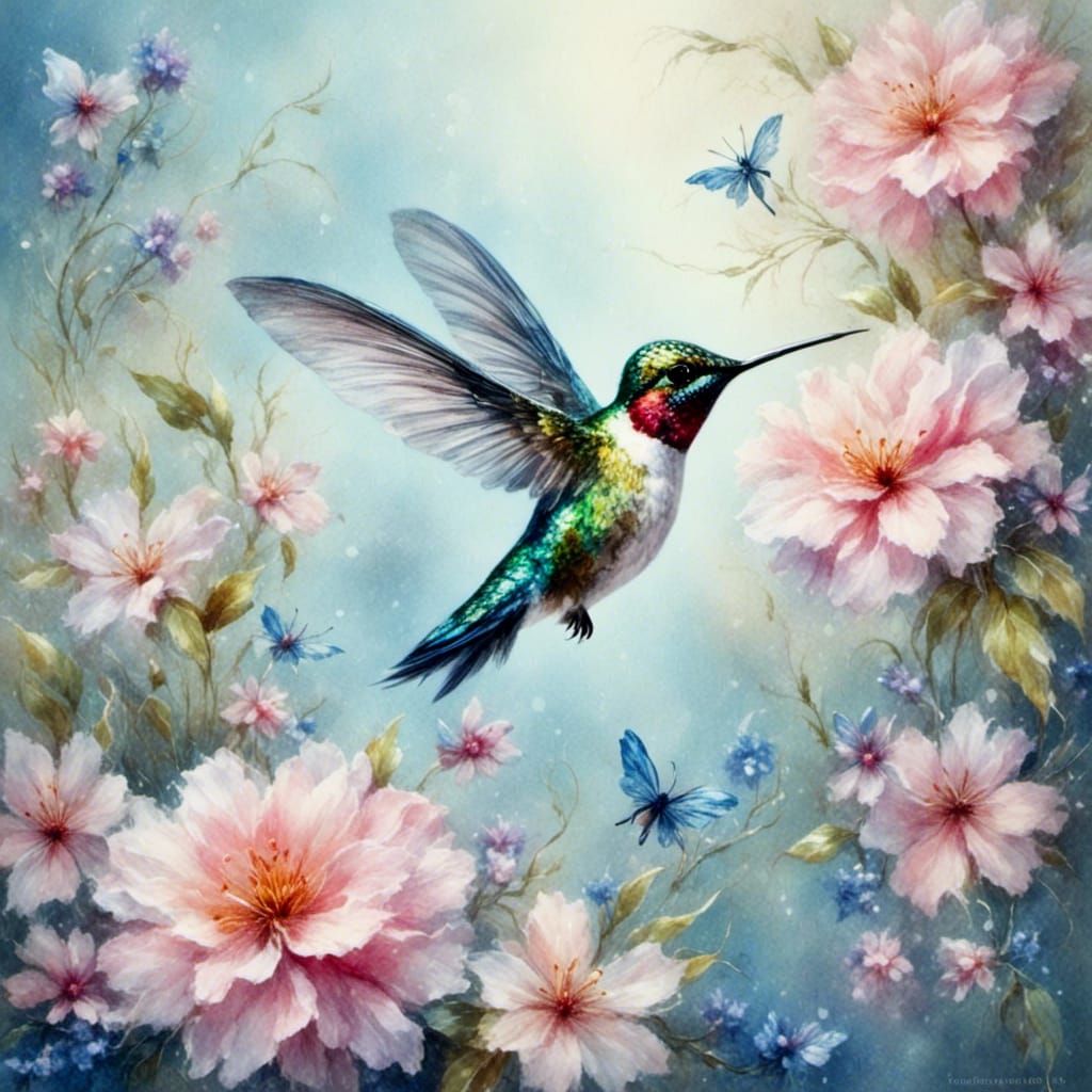 Hummingbird in Impressionist Watercolour Style