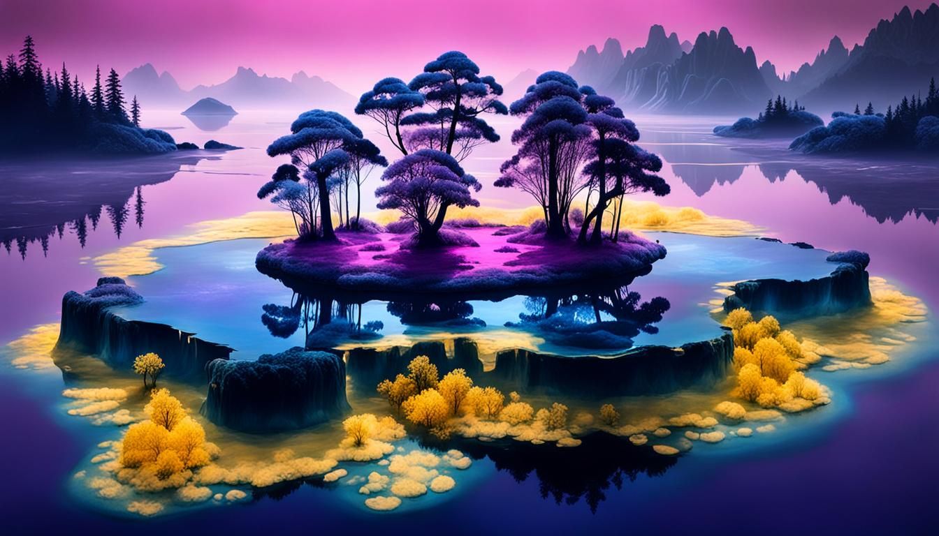 Bioluminescent Floating Island in Cyanotype Style