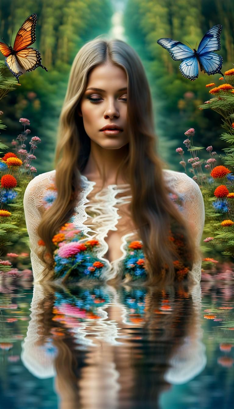 Reflections of Woman in Surreal Embroidered Dress