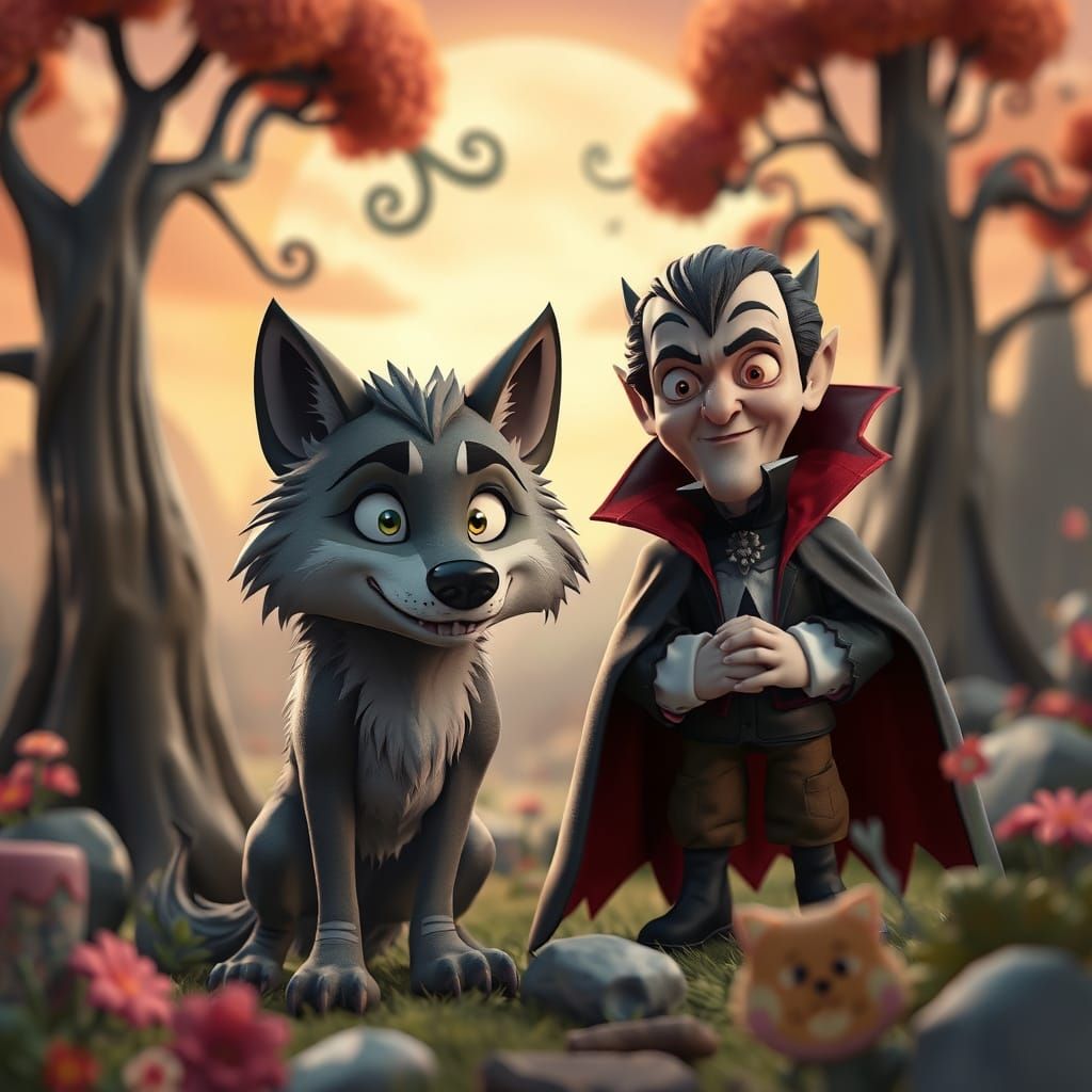 Wolf and Vampire in Surreal 3D Cartoon Landscape