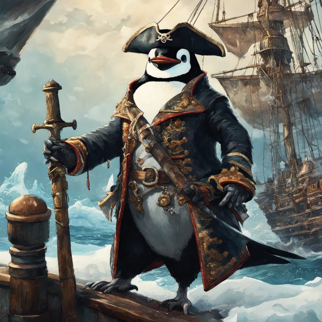 penquin on a ship elaborately dressed wearing a pirate hat penguin pirate aboard a pirate ship in the icy ocean standing...