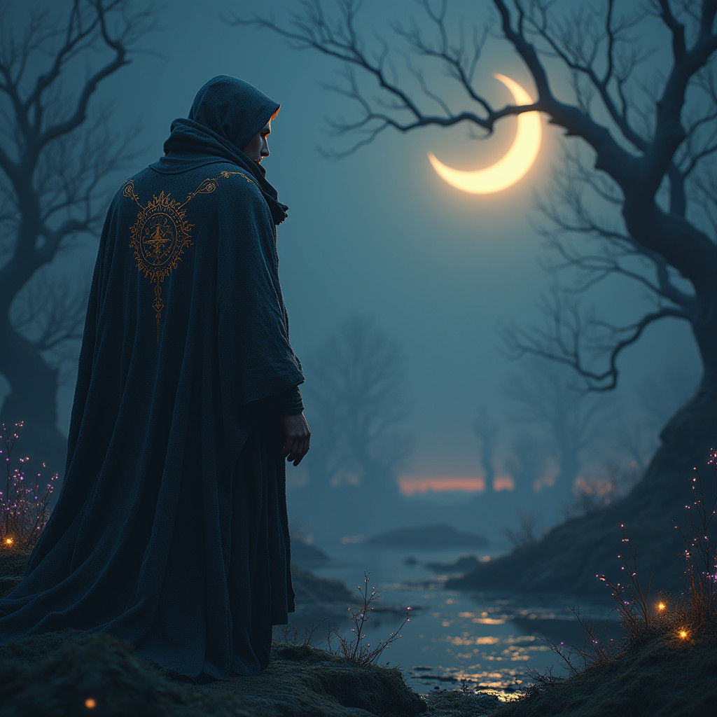 Mystical Figure Under Crescent Moon: Fantasy Art