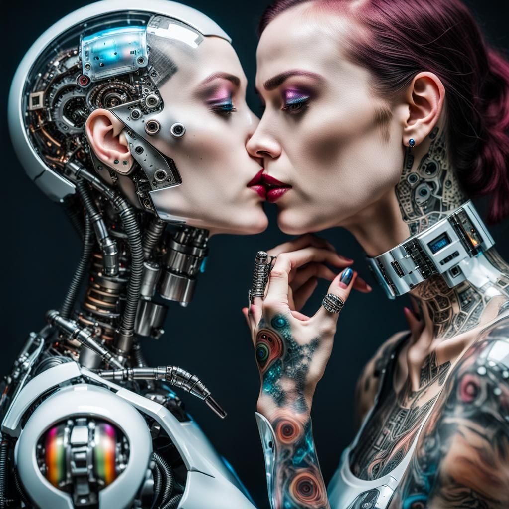 Woman Kissing Robot: Hyperrealistic Cyberpunk Close-Up