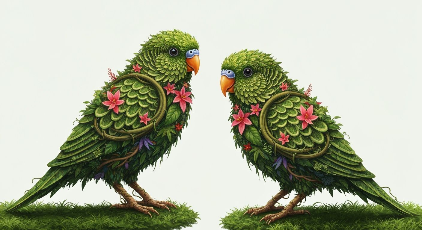 Parakeets Formed from Tropical Vines and Flora