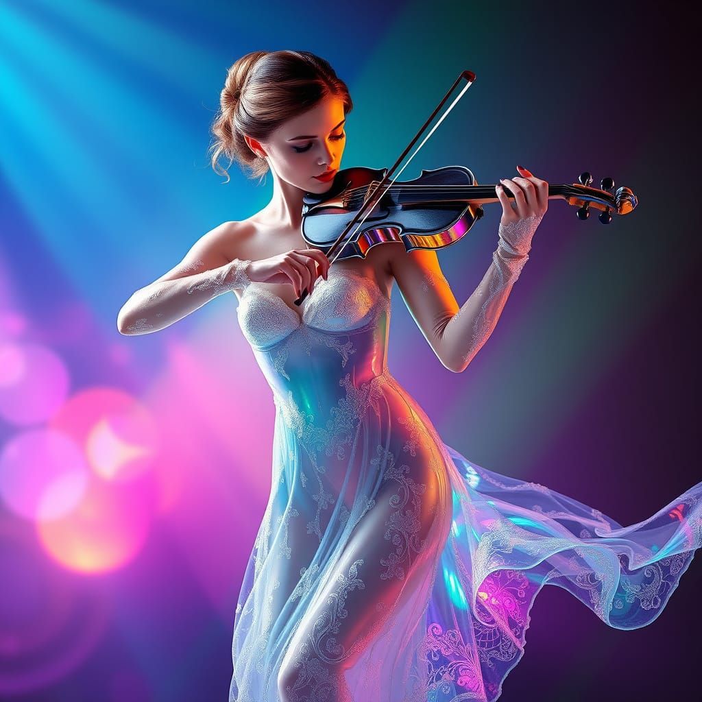 Ethereal Glass Siren Plays Violin Amidst Rainbow Spectra
