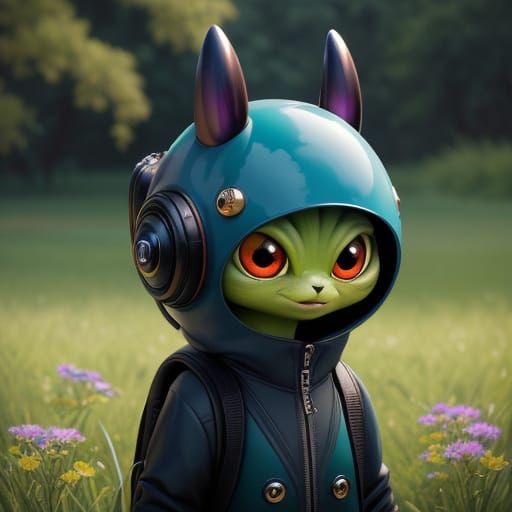 Cute Alien in Park with Backpack, Surreal Digital Art