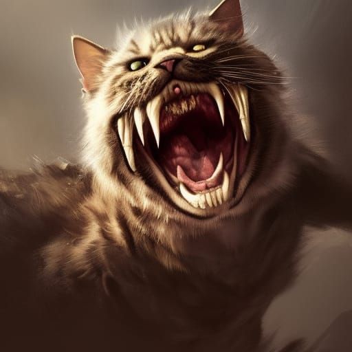 Menacing Cat Displaying Teeth in Dark Fantasy Style