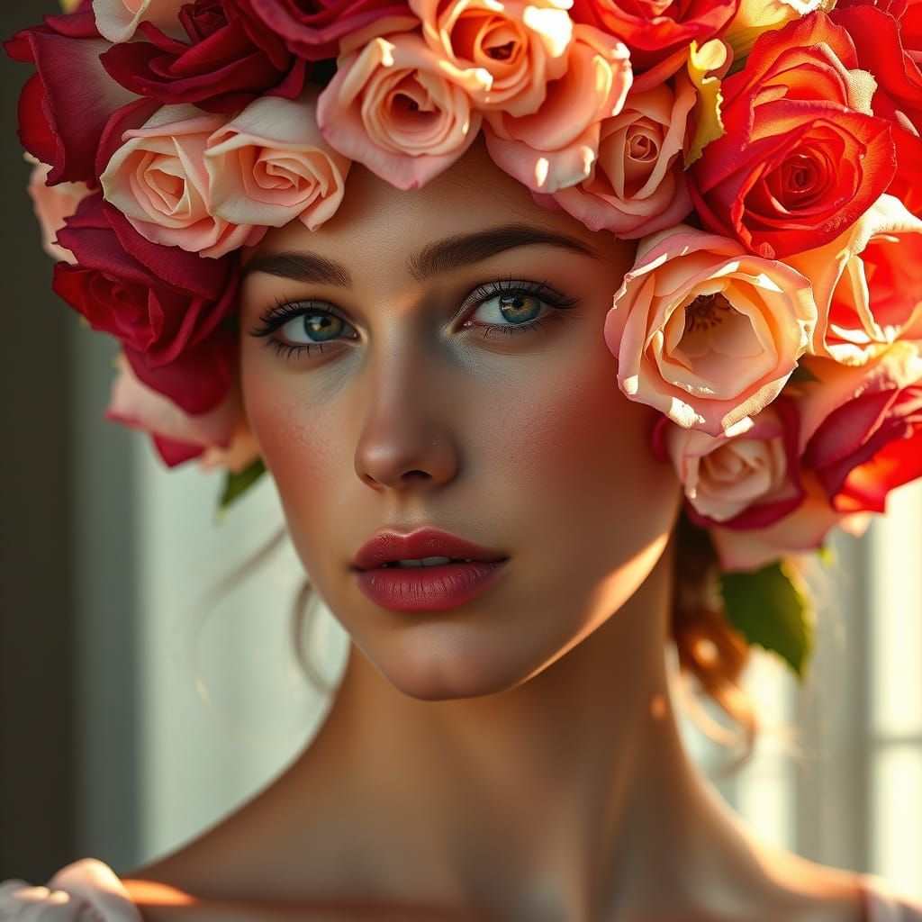 Serene Beauty with Multicolored Rose Hair in Golden Sunlight