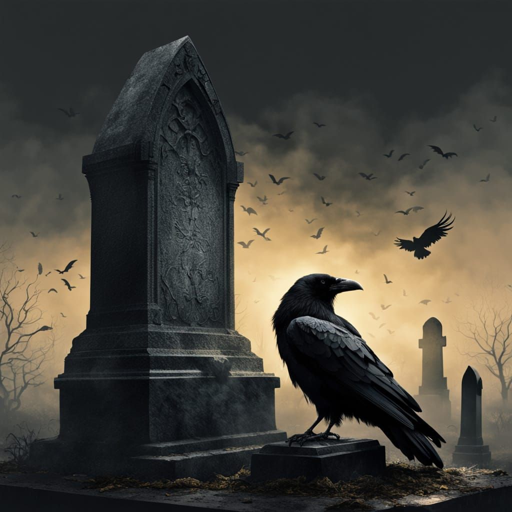 Raven on Tombstone in Cemetery: Gothic Dark Fantasy