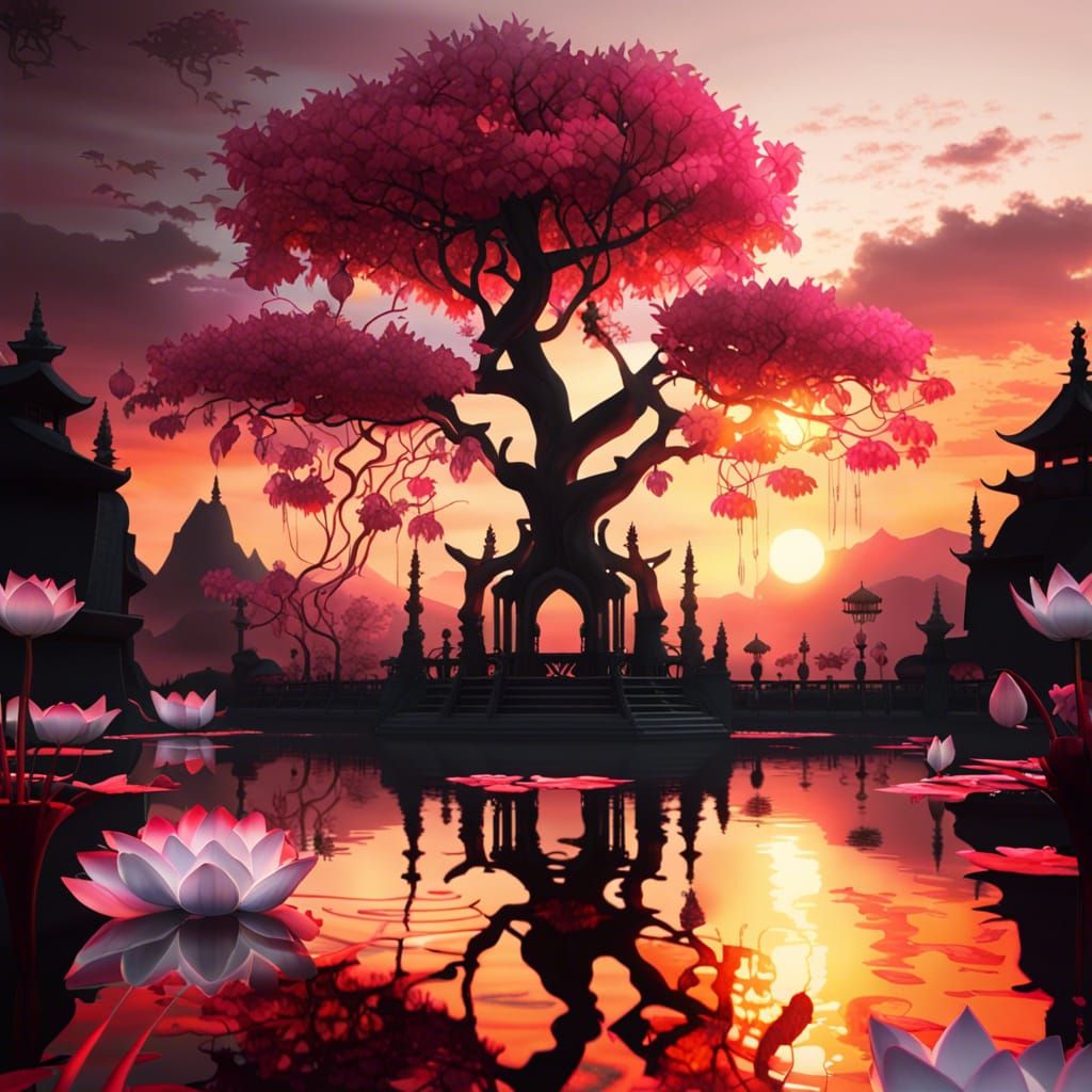 Gothic Oriental Garden at Sunset: Digital Art
