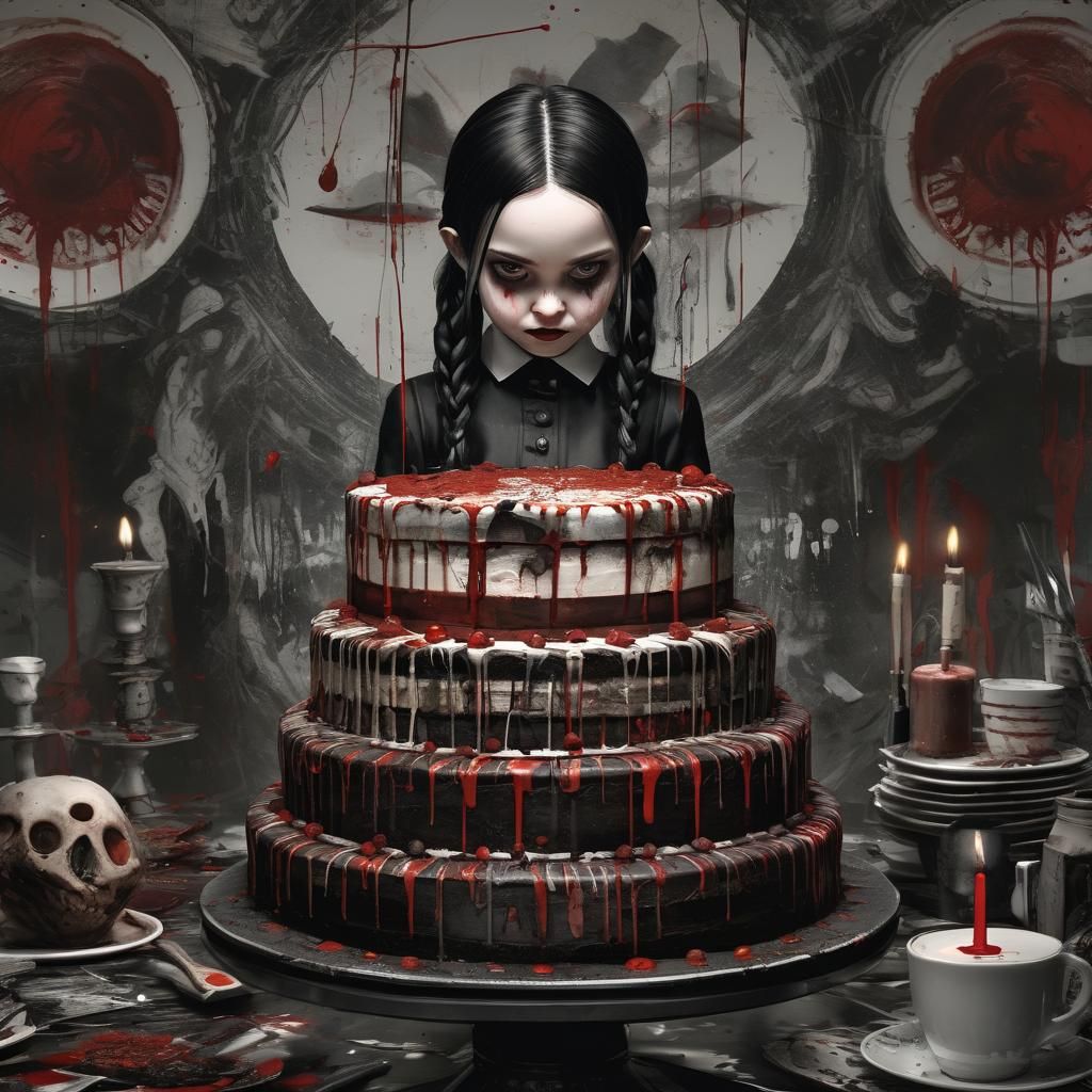 Wednesday Addams Cuts Gothic Birthday Cake, Mixed-Media