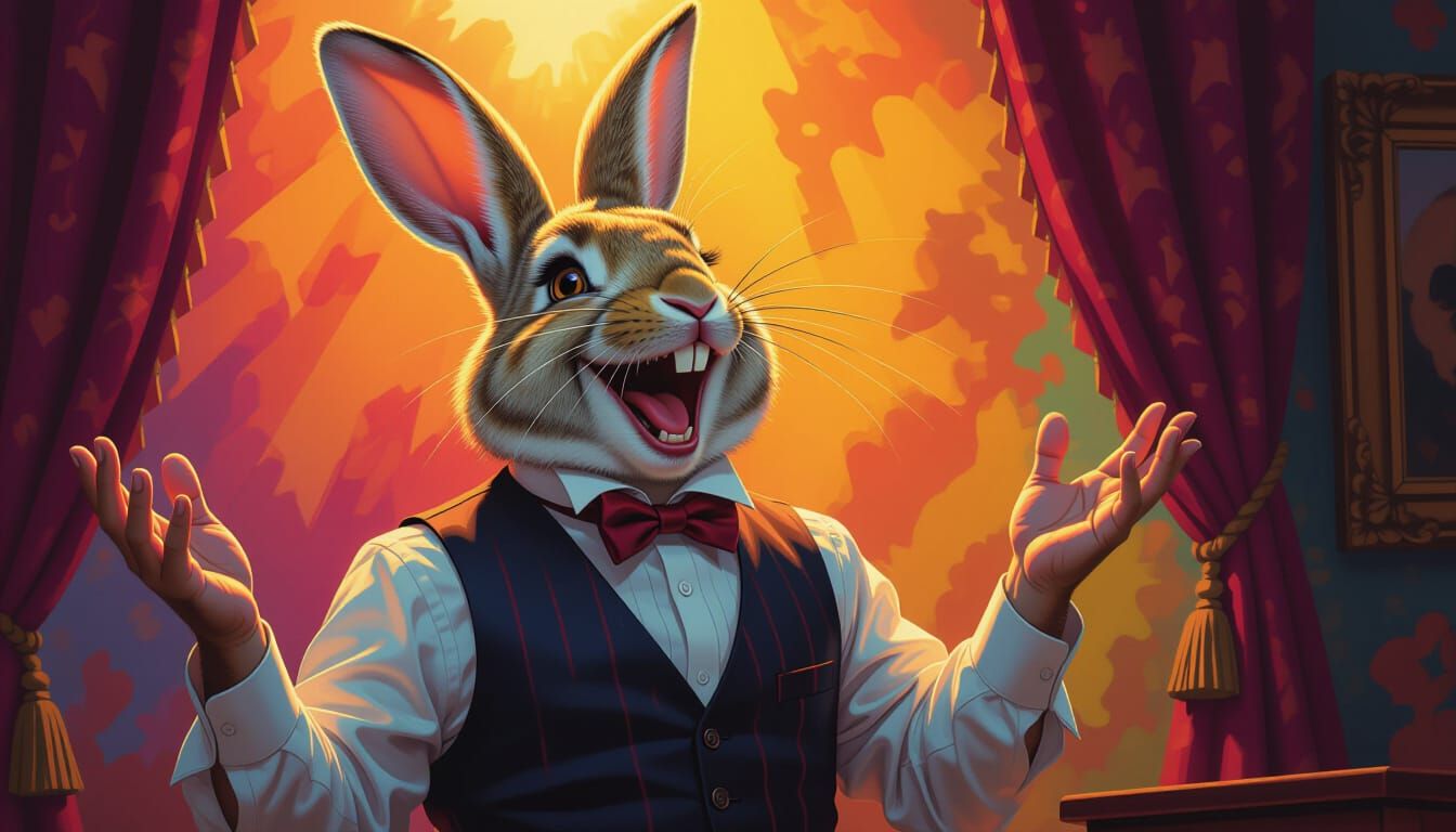 Laughing Rabbit Mocking Magician in Hyperrealistic Style