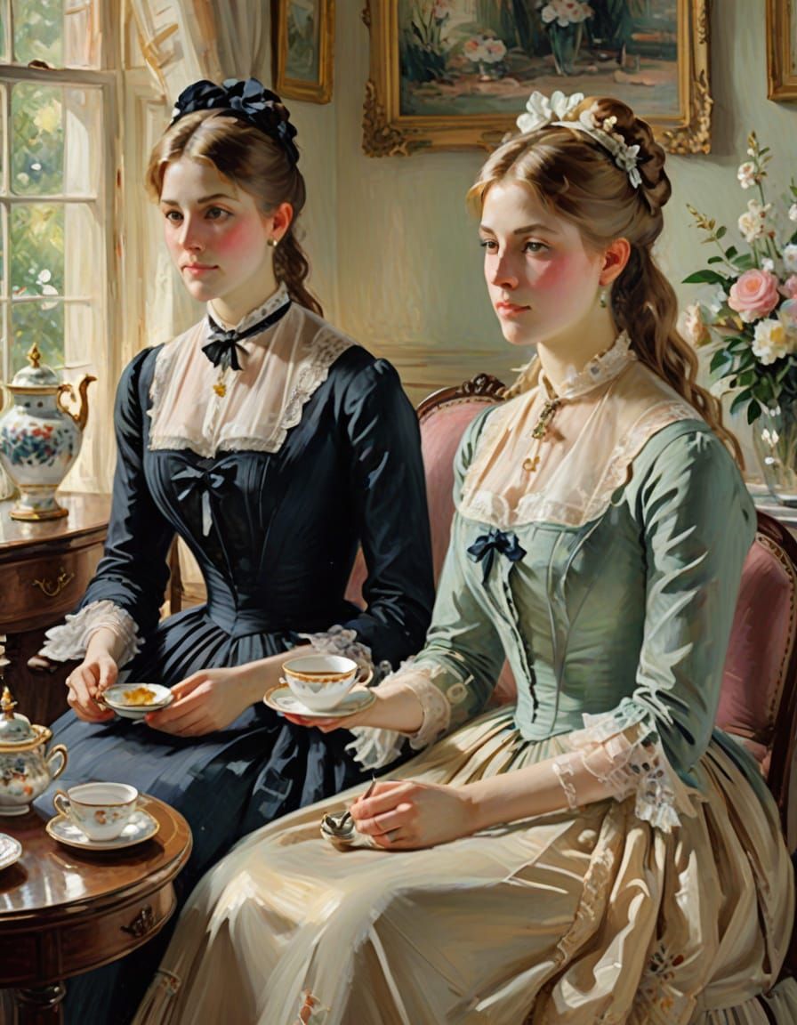 Victorian Ladies at Tea: Impressionist Oil Painting