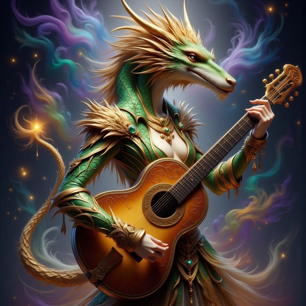 Regal Golden Dragonborn Bard in Ethereal Mystical Realm