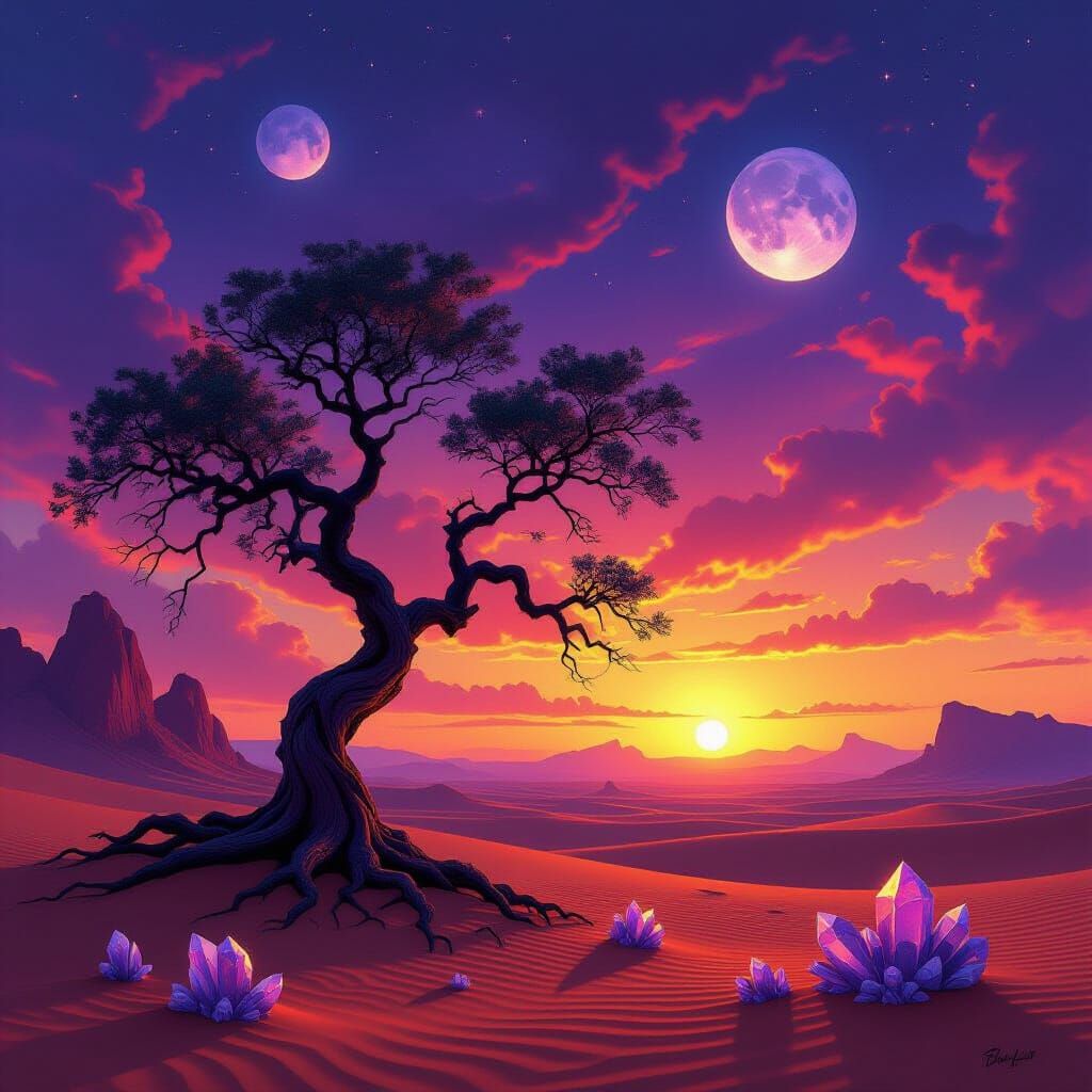 Ancient Tree Silhouetted Against Alien Sunset Sky
