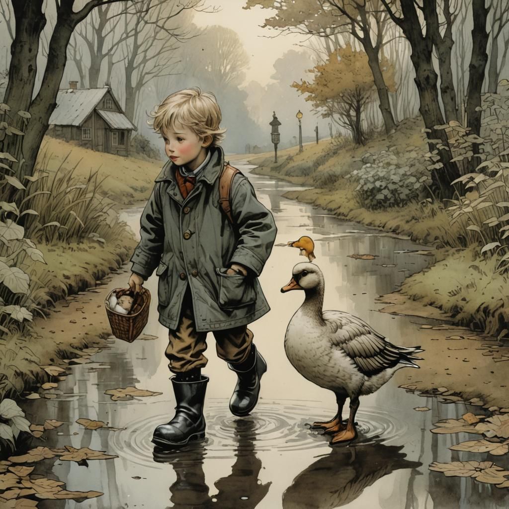 Boy and Goose Walk, Illustrated Fantasy Art