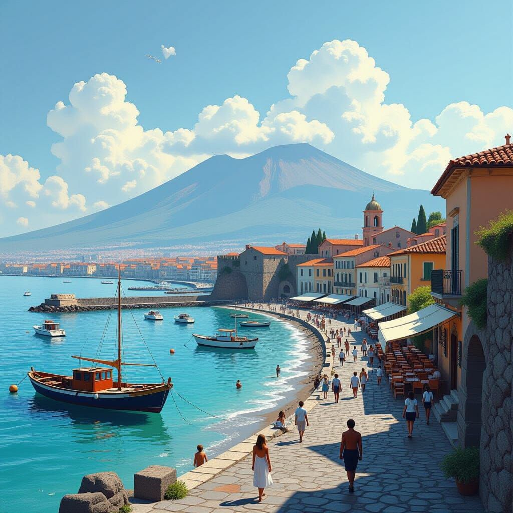 Naples Coastline with Pompeii Ruins, Realistic Rendering