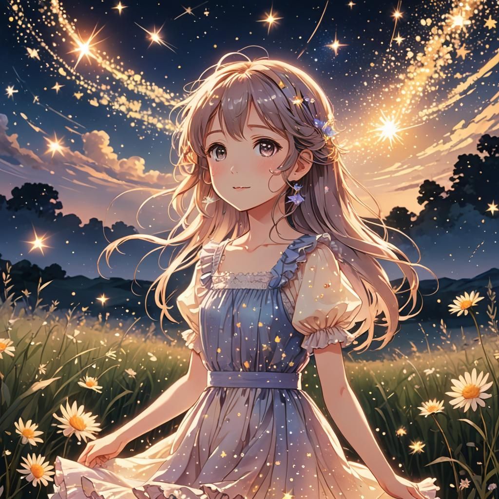 Anime Girl in Starry Field with Soft Lighting