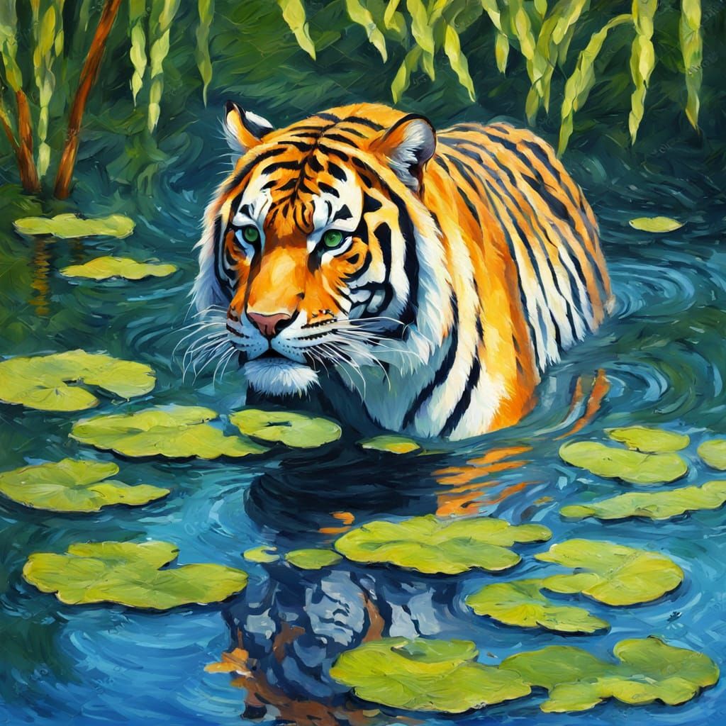 Tiger in Lily Pond: Impressionist Impasto Painting