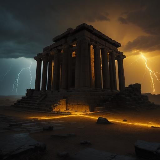 Stormy Night: Ancient Temple in Arabian Desert