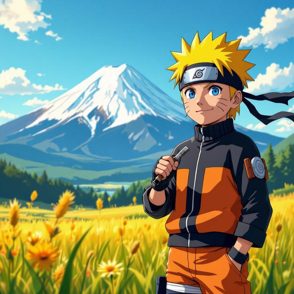 Naruto Uzumaki in Sunny Meadow with Mountains