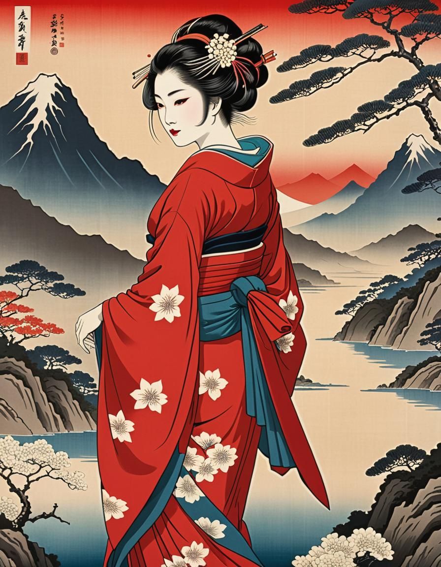 Geisha, Japanese 1800s ukiyo-e painting