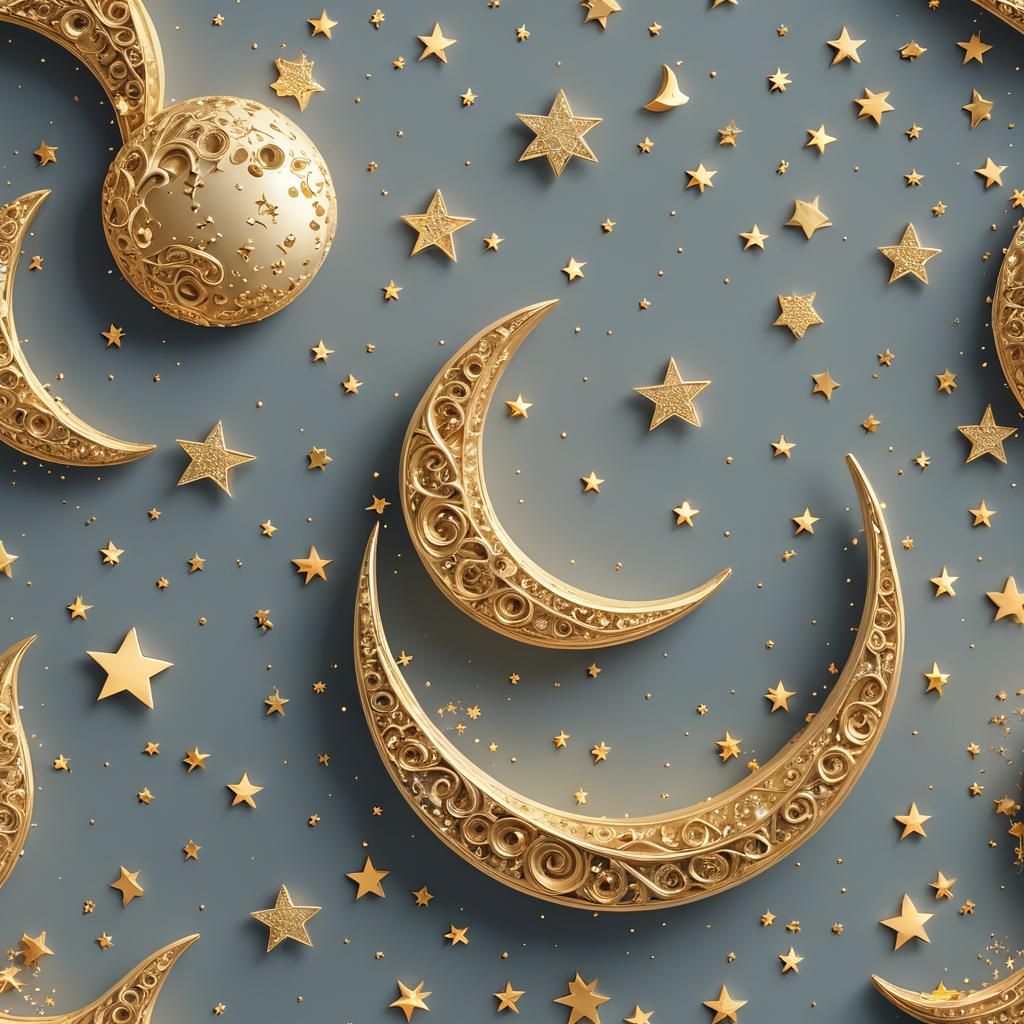 Elegant Golden Crescent Moon with Twinkling Stars