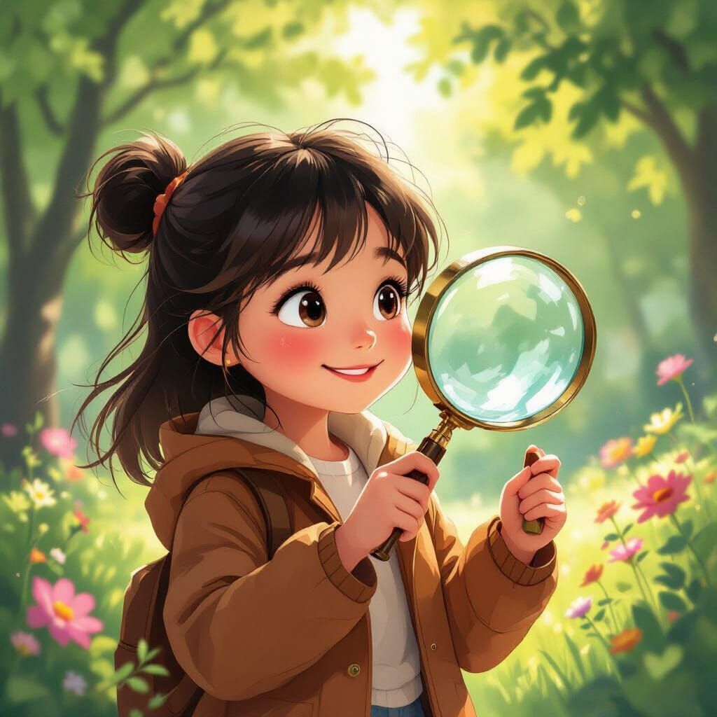 Curious Chinese Girl with Magnifying Glass in Park