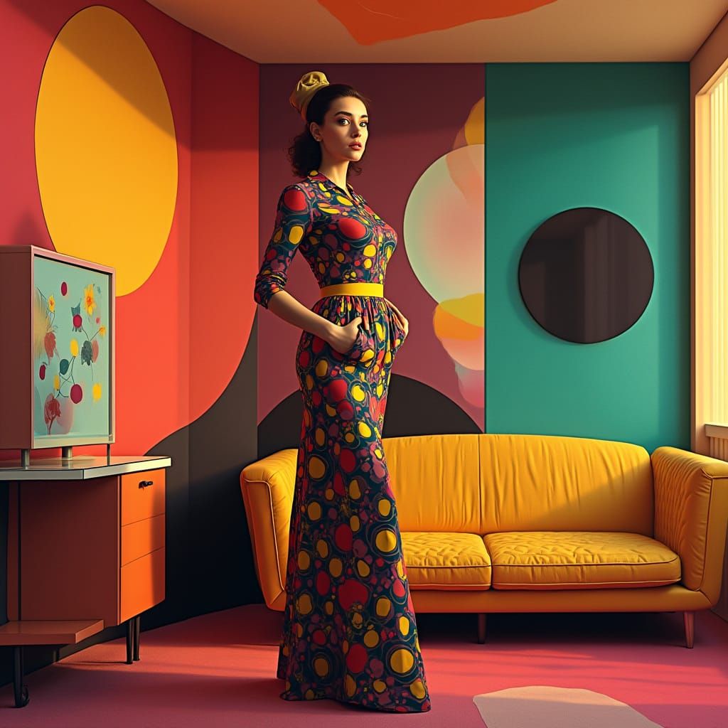 Woman Posing with Geometric Shapes in Retro Style