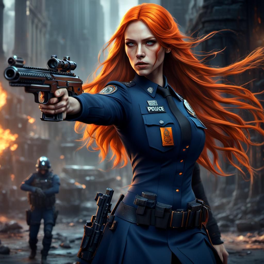 Orange-Haired Police Girl with Gun: Detailed Matte Painting