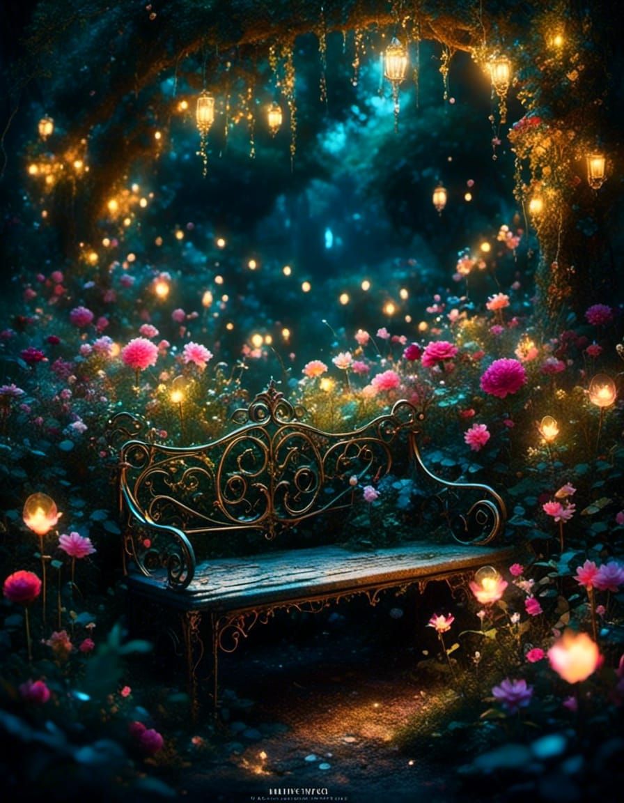 Enchanted Garden Stone Bench at Night