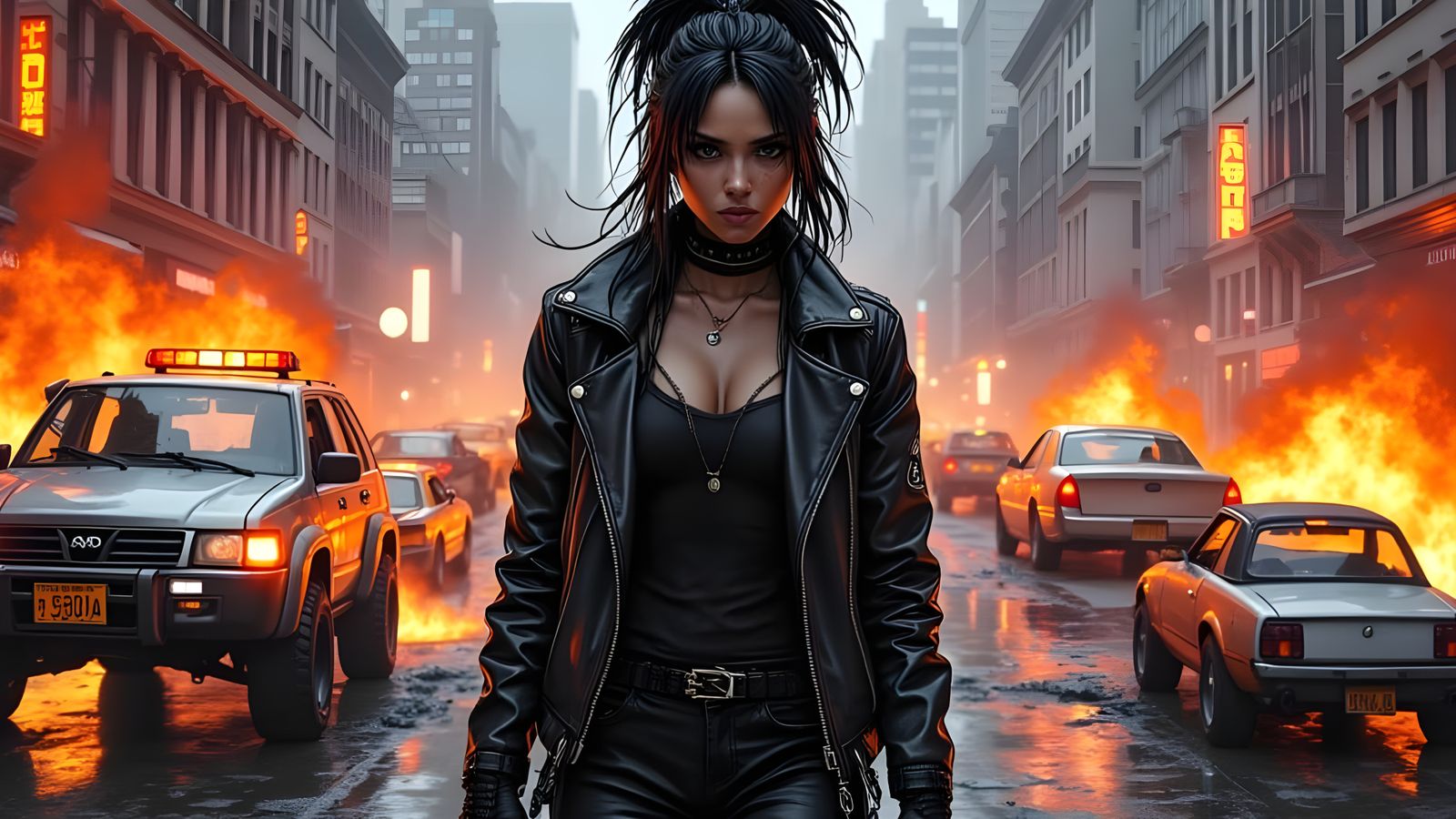 Cyberpunk Femme Fatale Embracing Chaos