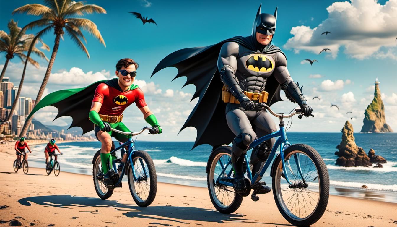 Batman and Robin on Vacation: Hyperrealistic Beach Scene