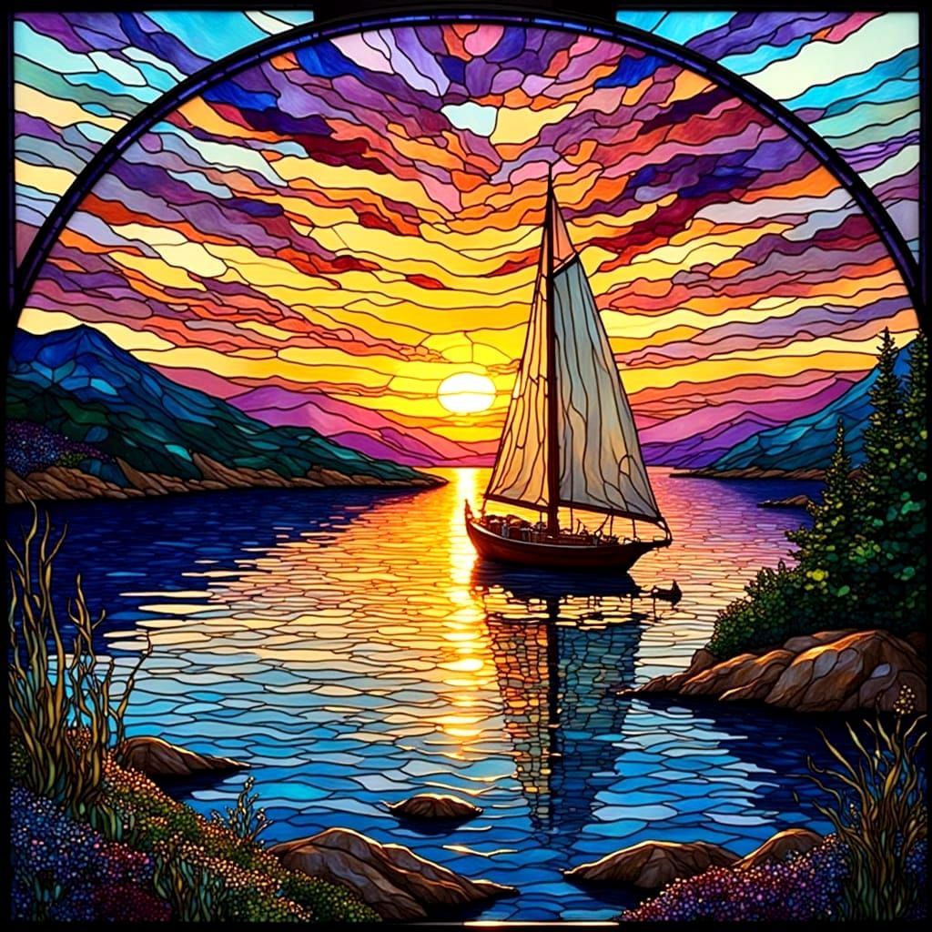 Vibrant Stained Glass Sailboat Scene with Sunset Colors