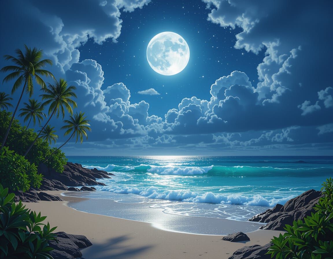 Hyper-Realistic Moonlit Beach Scene with Glowing Waves
