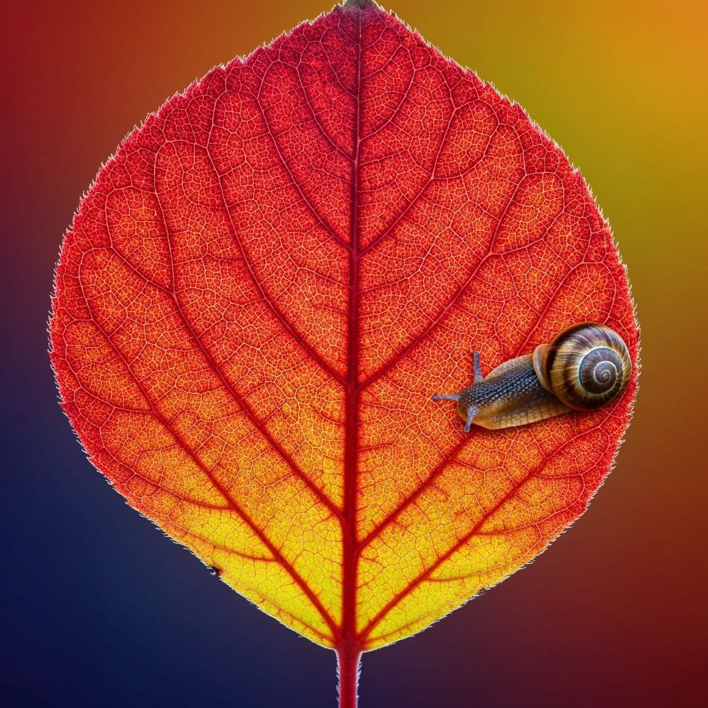 Macro Autumn Leaf with Snail in Hyperrealistic Style